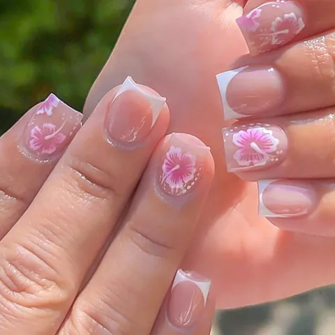 Französischer Stil Floral Press On Nails Quadratisch Kurz Blumenmuster Künstliche Fingernägel Für Damen Täglich Party Nagel Dekoration