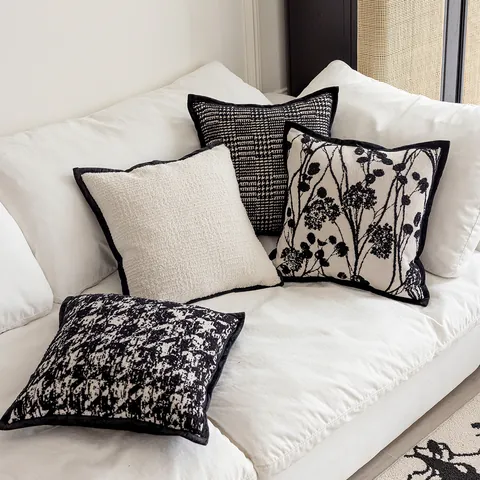 Noords Vintage Zwart-Wit Kussenhoes Vierkant Jacquard Hahnentritt Bloemen Sierkussen Sloop Voor Bank Huis Decoratie