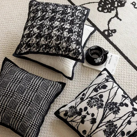 Noords Vintage Zwart-Wit Kussenhoes Vierkant Jacquard Hahnentritt Bloemen Sierkussen Sloop Voor Bank Huis Decoratie