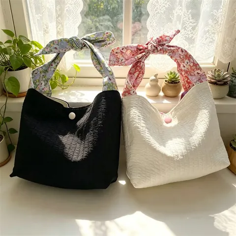 Mini Plissee Handtasche Damen Polyester Blumenmuster Schleife Vintage Literarischer Stil Süße Kleine Tragetasche Mit Druckknopf