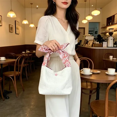 Mini Plissee Handtasche Damen Polyester Blumenmuster Schleife Vintage Literarischer Stil Süße Kleine Tragetasche Mit Druckknopf