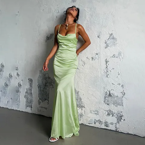 Sexy Backless Satin Maxi Dress Lace Up Strappy Spaghetti Strap Sleeveless Elegant Evening Party Summer Long Dress