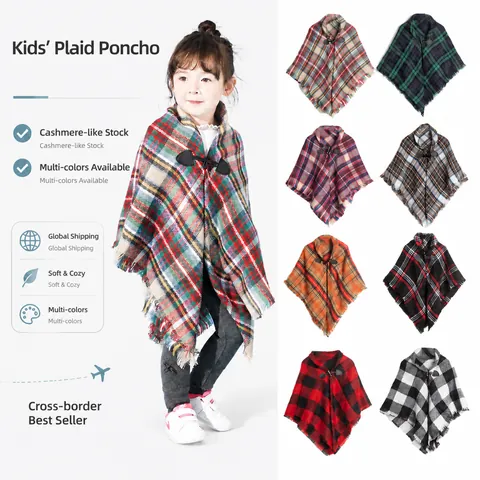 Poncho a Quadri per Bambini Scialle Con Bottoni ad Alamaro e Frange Cape Invernale Caldo in Acrilico Simil Cashmere per Ragazze