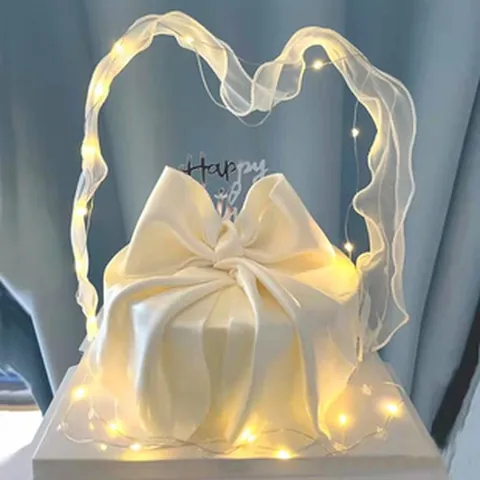 LED Glowing Ribbon Cake Topper White Bow Fairy Style Decorative Silk Strip With Warm Light String For Birthday Party Wedding