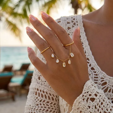 Stainless Steel Connected Finger Ring For Women Gold Plated Rhinestone Tassel Chain Double Ring Fashion Vacation Jewelry