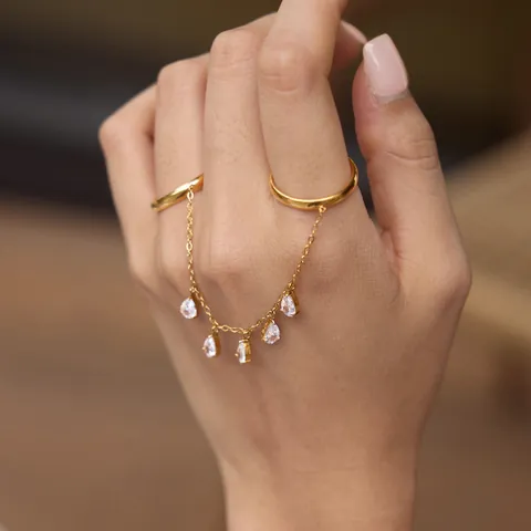 Stainless Steel Connected Finger Ring For Women Gold Plated Rhinestone Tassel Chain Double Ring Fashion Vacation Jewelry