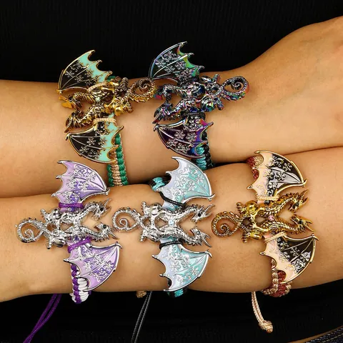 Vintage Dragon Woven Bracelet Punk Gothic Zinc Alloy Rhinestone Enamel Flying Dragon Adjustable Men Jewelry Gift
