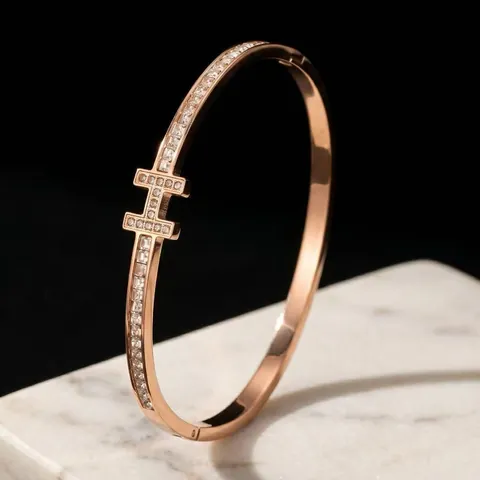 Edelstahl H-Form Armreif Vergoldet Zirkonia Luxus Eingelegter Eleganter Schmuck Für Damen