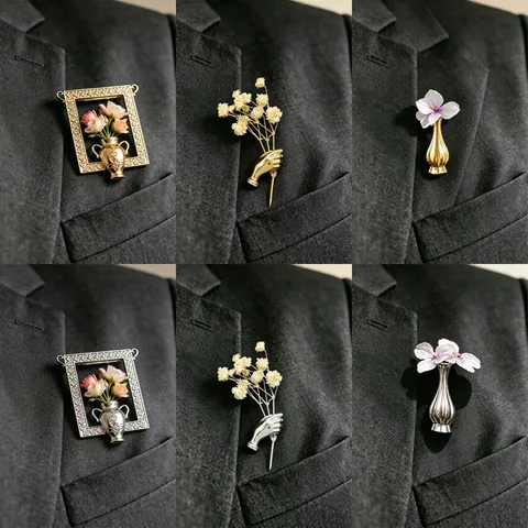 Creative Flower Bouquet Holder Brooch Pin Zinc Alloy Vase Hand Gesture Design Artistic DIY Suit Lapel Jewelry Accessory