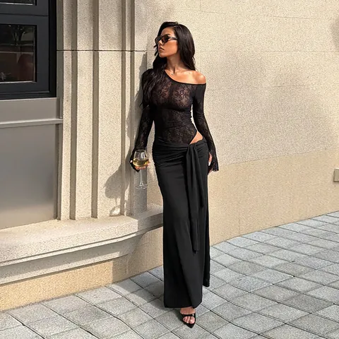 Sexy Off Shoulder Lace Patchwork Maxi Dress Elegant Long Sleeve Slanted Neck Bodycon Evening Party Gown For Women