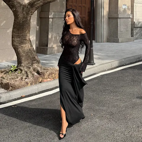 Sexy Off Shoulder Lace Patchwork Maxi Dress Elegant Long Sleeve Slanted Neck Bodycon Evening Party Gown For Women