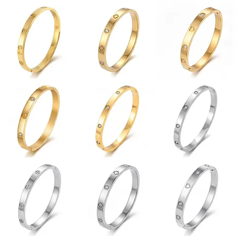 Clover Heart Bangle Bracelet Stainless Steel Cubic Zirconia Inlaid Clasp Fashion Jewelry For Women