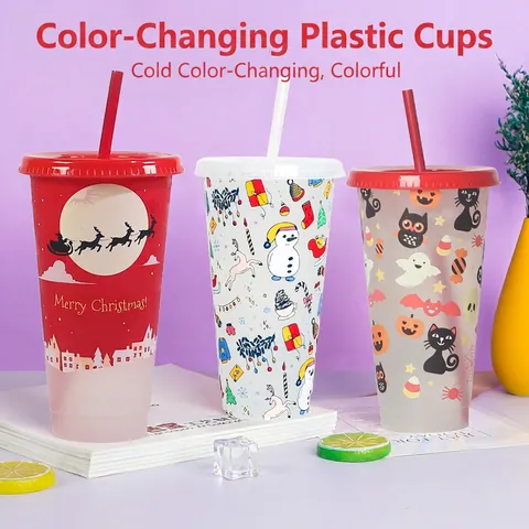 Color Changing Plastic Straw Cup With Lid Cold Sensitive Reusable Holiday Tumbler Christmas Halloween Party Drinkware