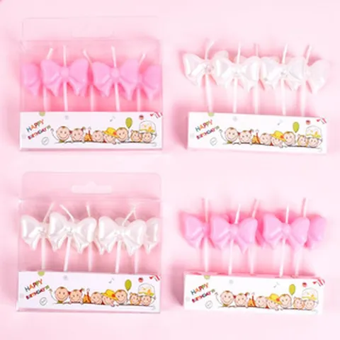 Ribbon Bow Birthday Cake Candle Set Pearlescent Pink White Bowknot Cake Topper For Valentine Day Dessert Table Decoration