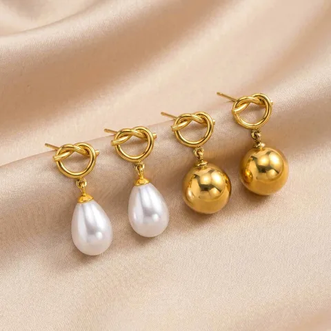 Ins Style 18K Gold Plated Brass Knot Hollow Bead Drop Earrings For Women Fashion Stainless Steel Post Dangle Jewelry