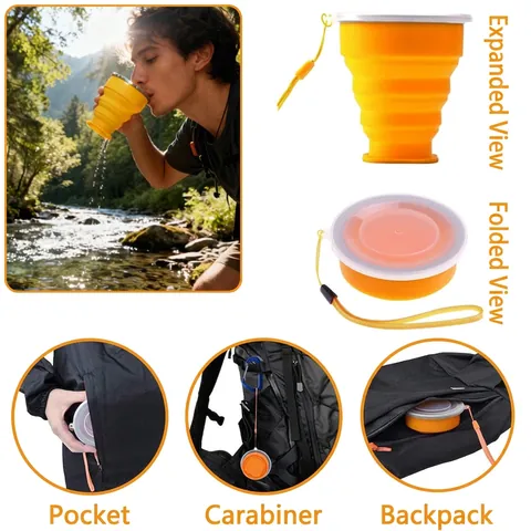 Silicone Collapsible Water Cup Portable Travel Drinking Mug With Lanyard And Lid For Outdoor Camping Hiking Reusable