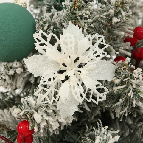 Christmas Artificial Poinsettia Flowers Sparkling Glitter Hollow Mesh Festive Tree Ornaments Decorative Floral Holiday