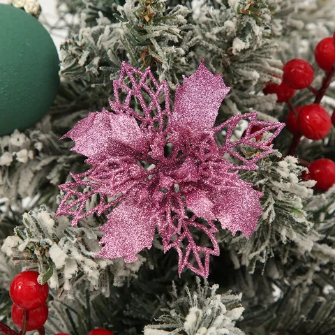 Christmas Artificial Poinsettia Flowers Sparkling Glitter Hollow Mesh Festive Tree Ornaments Decorative Floral Holiday