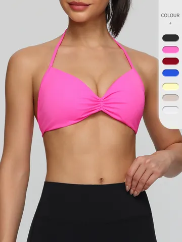 Reggiseno Sportivo da Donna Sexy Halter Neck Increspato Davanti Naked Feel Asciugatura Rapida Yoga Bra Top Tinta Unita
