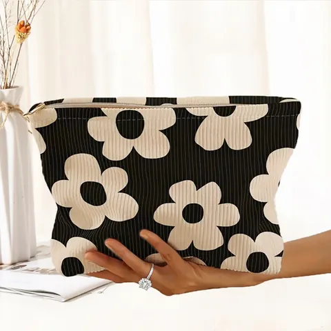 Trousse De Toilette En Velours Côtelé Imprimé Floral Pochette De Maquillage Fermeture Éclair Organisateur De Voyage Portable