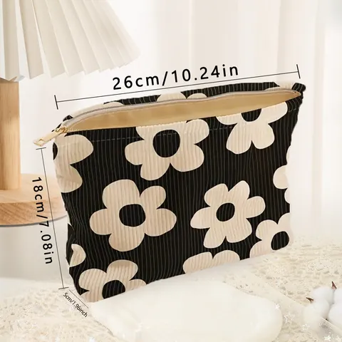 Trousse De Toilette En Velours Côtelé Imprimé Floral Pochette De Maquillage Fermeture Éclair Organisateur De Voyage Portable