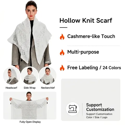 Women Hollow Out Knitted Shawl Scarf Elegant Solid Color Lace Knit Wrap For Spring Autumn Winter