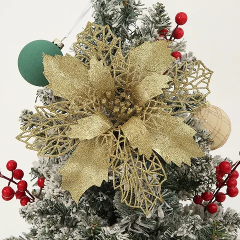 Kerst Poinsettia Kunstbloemen Glitter Holle Gaas Glinsterende Boomornamenten Voor Vakantie Bruiloft Feest Decoratie