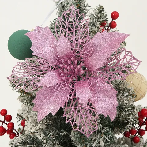 Kerst Poinsettia Kunstbloemen Glitter Holle Gaas Glinsterende Boomornamenten Voor Vakantie Bruiloft Feest Decoratie