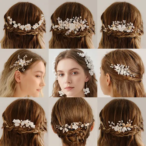 Pettine Per Capelli Da Sposa Fatto A Mano Fiore In Argilla Polimerica Bianca Perla Artificial Cristallo Foglia D'argento Copricapo