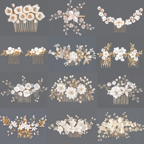 Pettine Per Capelli Da Sposa Fatto A Mano Fiore In Argilla Polimerica Bianca Perla Artificial Cristallo Foglia D'argento Copricapo