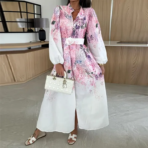 Donna Elegante Revers Stampa Botanica Camicia Maxi Vestito Vita Alta Monopetto Manica Corta Linea A Vacanza Vestito Lungo