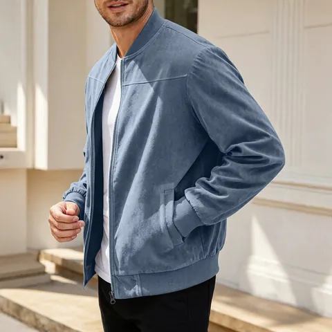 Herren Casual Wildlederjacke Bomber Stil Reißverschluss Stehkragen Langarm Rippbündchen Einfarbig Oberbekleidung