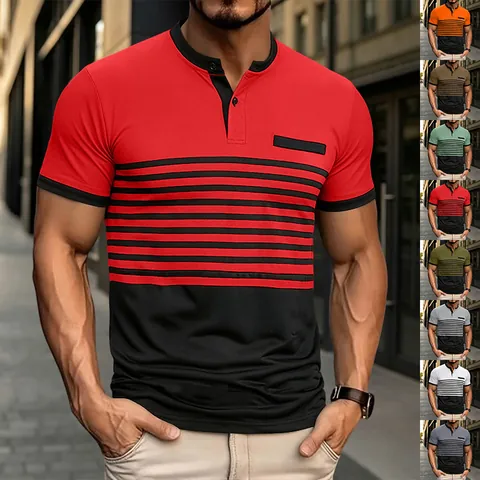 Men's Short Sleeve Polo Shirt Striped Color Block Henley Neck Casual Slim Fit Polyester Spandex Athletic Top