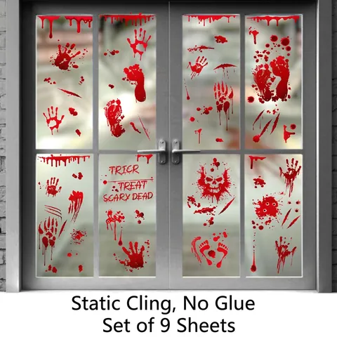 Halloween Window Clings Wall Stickers Static Clings Blood Handprints Pumpkin Gnomes Skull Decor Waterproof PVC Double Sided