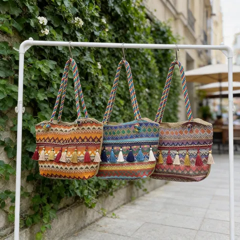 Bolso Tote Tejido Étnico Bohemio Con Borlas De Colores Gran Capacidad Forro De Lona Bolso De Hombro Playa Vacaciones Para Mujeres