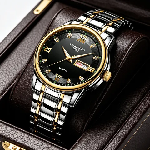 Men Quartz Watch Stainless Steel Band Business Luxury Luminous Waterproof Double Calendar Wristwatch Rhinestone Dial