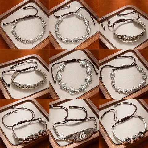 Vintage Ethnic Tibetan Style Braided Bracelet For Women Men Adjustable Wax Rope Alloy Fish Elephant Charm Jewelry