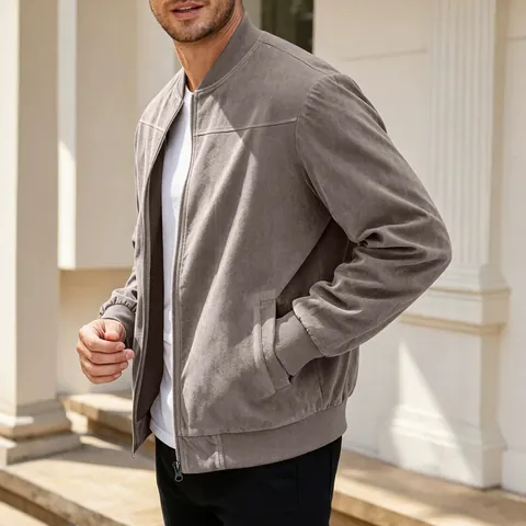 Men Suede Bomber Jacket Full Zip Stand Collar Ribbed Trim Casual Solid Color Outerwear Fashion Coat