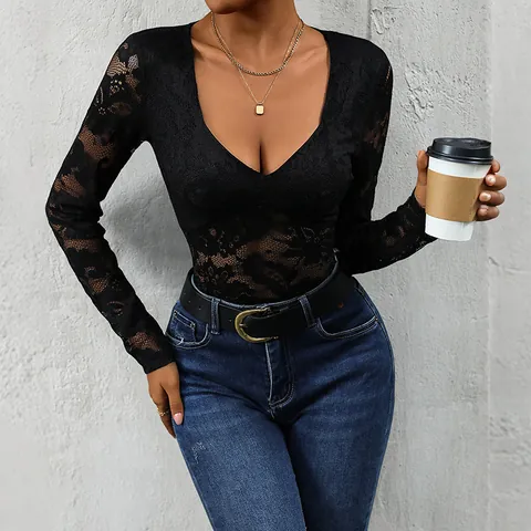Body Sexy en Dentelle Florale pour Femme Col en V Profond Manches Longues Transparent Ajouré Coupe Ajustée Combinaison de Fête