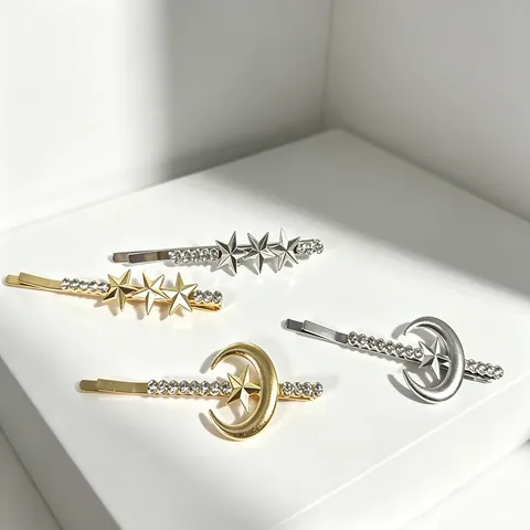 Fermaglio Per Capelli Stella Luna Lega Strass Elegante Molletta Laterale Stile Francese Donna Accessorio Dolce