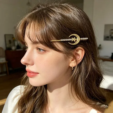 Fermaglio Per Capelli Stella Luna Lega Strass Elegante Molletta Laterale Stile Francese Donna Accessorio Dolce