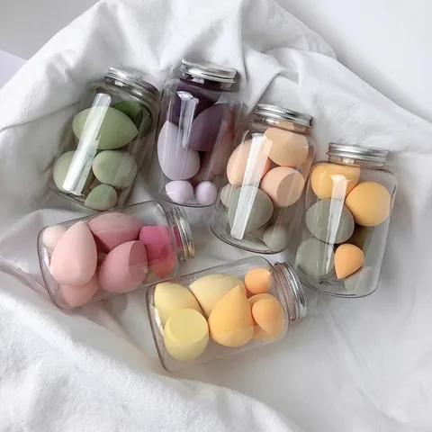 Set di Spugnette per Trucco Macaron in Lattice Idrofilo in Bottiglia Trasparente Beauty Blender per Polvere Crema Liquida