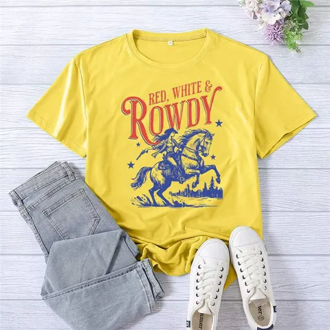 Dames Amerikaanse Retro Katoen T-Shirt Ruime Pasvorm Cowgirl Rijdt te Paard Bedrukt Ronde Hals Casual Korte Mouw Top