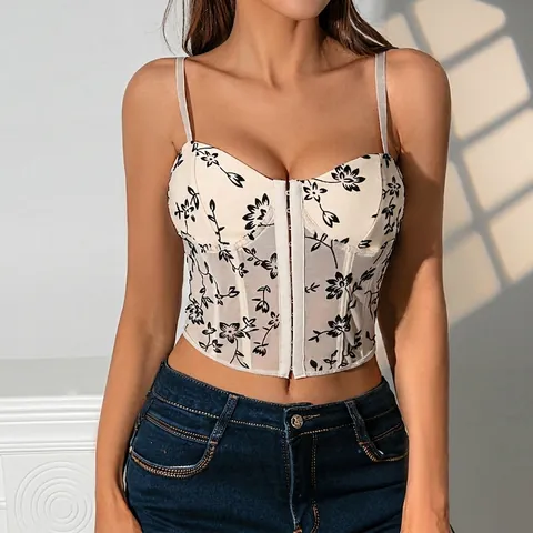Camisola de Corsé de Época Francesa para Mujer Estampado Floral de Flocado Ajuste Estrecho Top Corto Camiseta sin Mangas