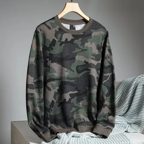 Men's Casual Camouflage Print Sweatshirt Long Sleeve Crew Neck Loose Fit Pullover Military Style Polyester Autumn Top