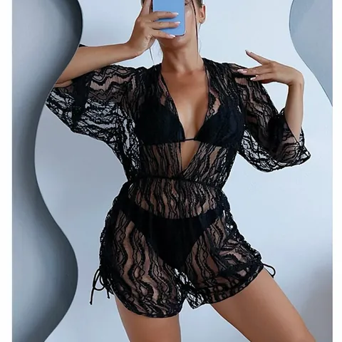 Conjunto de Bikini Sexy para Mujer Con Cubierta de Malla de Manga Larga Cintura Alta Ropa de Playa Estampada Traje de Baño Top Triangular Pantalón y Abrigo de Malla