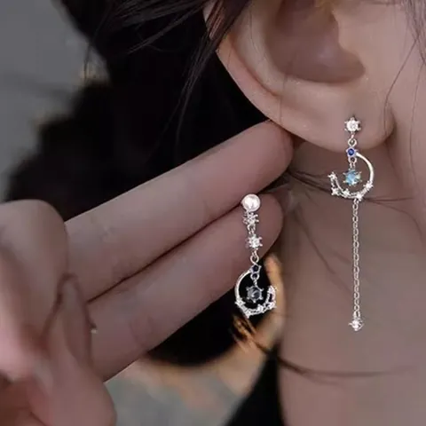 Asymmetric Star Moon Long Tassel Stud Earrings With 925 Sterling Silver Earring Post Brass Rhinestone Moonstone Drop Earrings