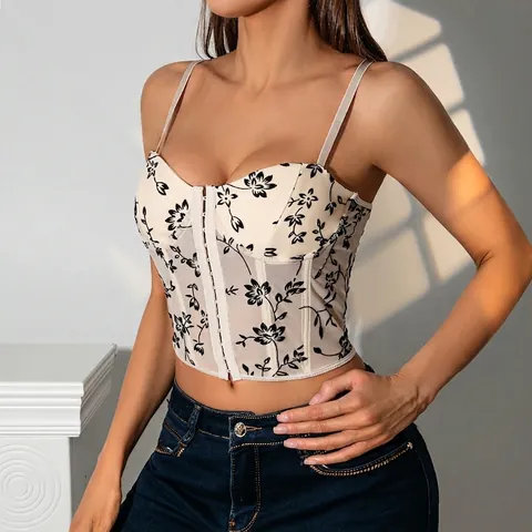Camisola de Corsé de Época Francesa para Mujer Estampado Floral de Flocado Ajuste Estrecho Top Corto Camiseta sin Mangas