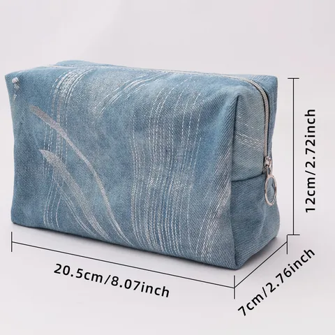 Large Capacity Denim Travel Cosmetic Bag For Women Portable Makeup Organizer With Metal Ring Zipper Denim Blue Makeup Case