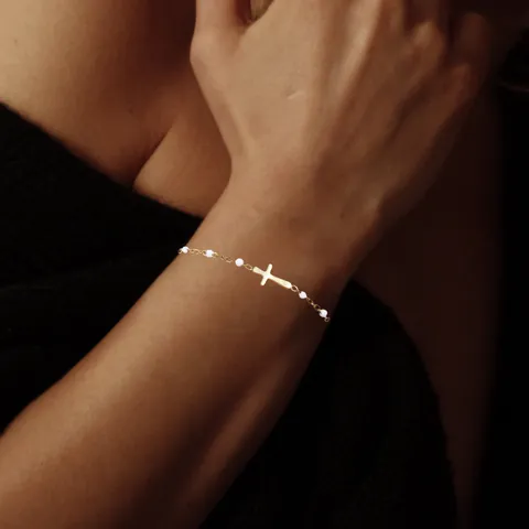 Elegante Bracciale a Croce in Acciaio Inossidabile per Donna Placcato Oro Perline in Smalto Catena a Maglie Cubane Regolabile Gioielli